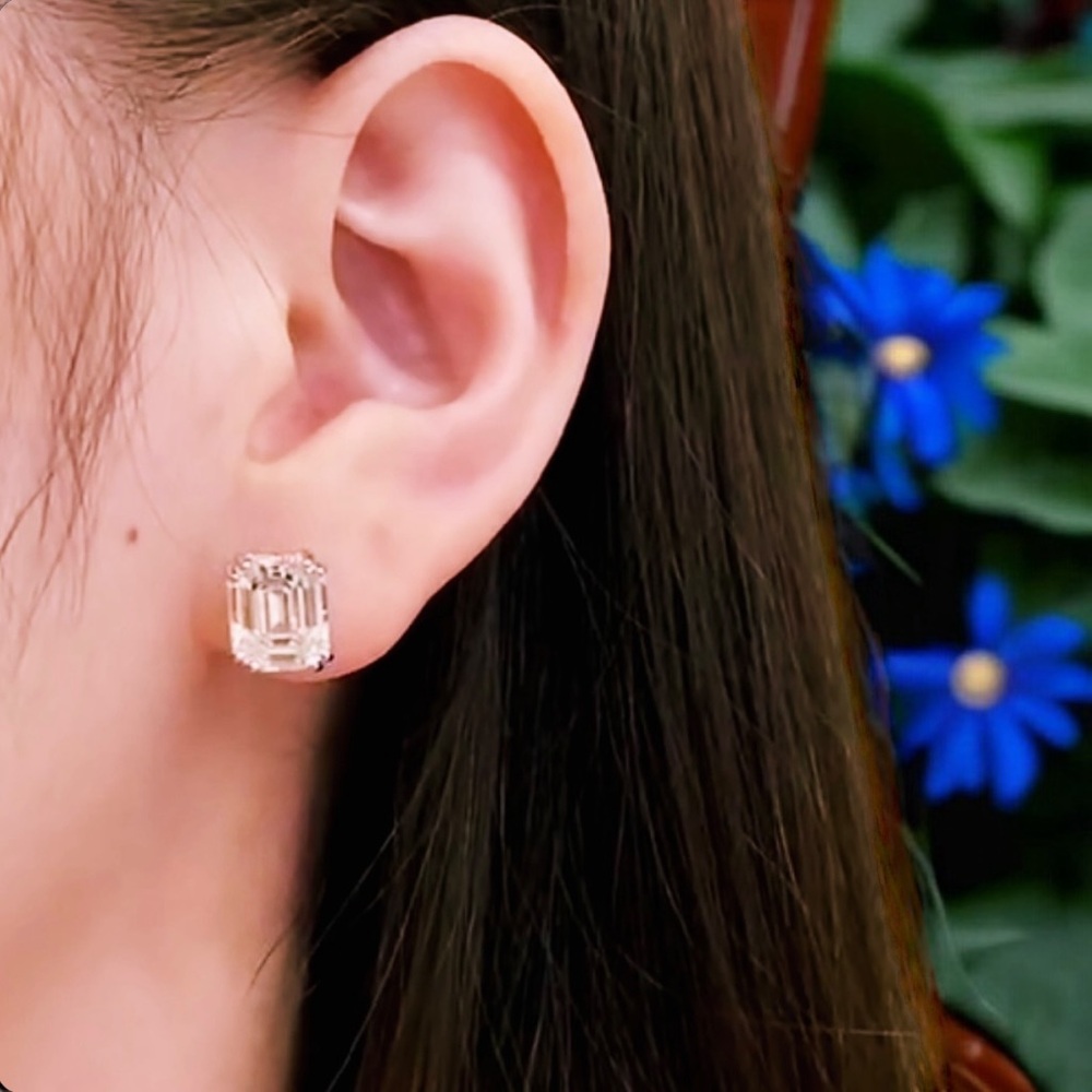 NEW Solid 925 Sterling Silver Prong Set Emerald Cut High Carbon Sparkling Studs - Picture 15 of 16